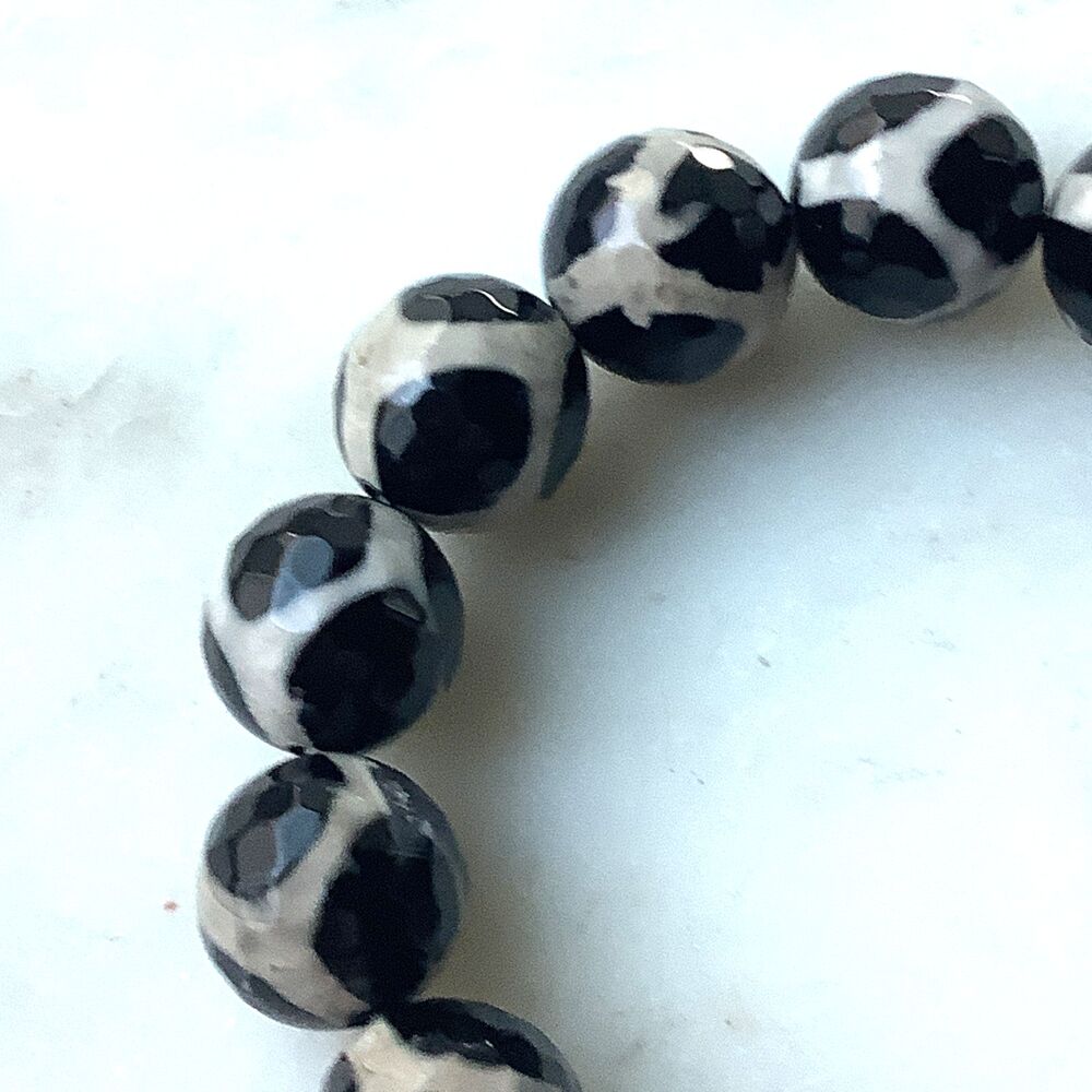 Sterling Giraffe Agate Earrings Stretch Bracelet 925 Silver Black White Stones - Picture 7 of 13
